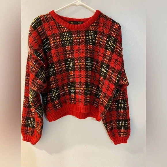 vintage chunky knit red plaid cropped wool sweater size medium Liz Sport - Picture 1 of 3